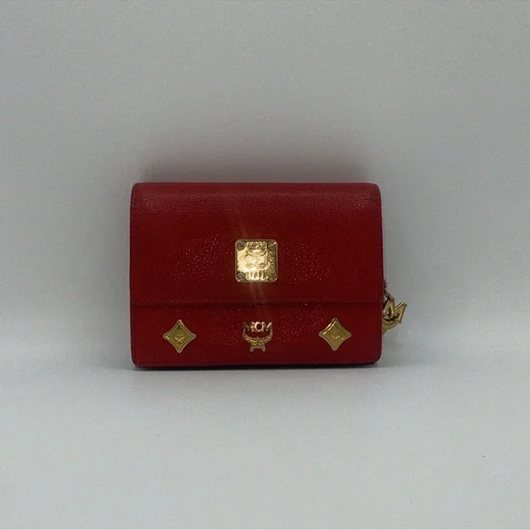 MCM Red Pebbled Leather Tri-Fold Wallet w/ Gold Hardware & Logo Charm